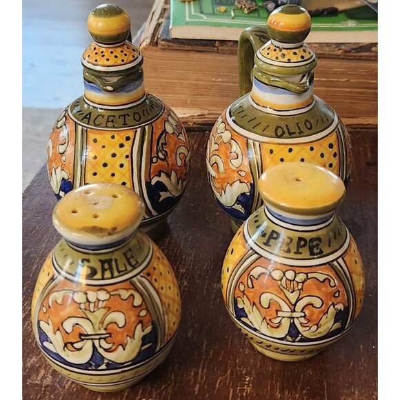 Italy SaltPepperOil & Vinegar . Hand Painted Vintage Chip On Vinager Spout